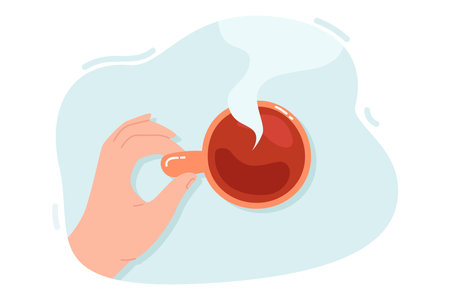 Hand holding cup full of hot coffee with steam. Person drinking morning drink with caffeine, top view flat vector illustration. Coffee break concept for banner, website design or landing web pageのイラスト素材