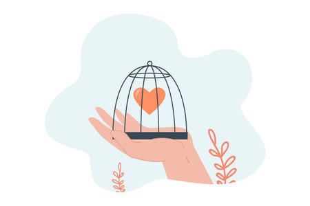 Cage with heart in it on hand flat vector illustration. Red heart trapped in birdcage or hutch on blue background. Love, romantic relationship, romance, feeling conceptのイラスト素材