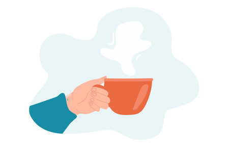 Hand holding cup of tea or coffee flat vector illustration. Steaming mug of hot drink or beverage on blue background. Morning routine, breakfast, drink, relaxation conceptのイラスト素材