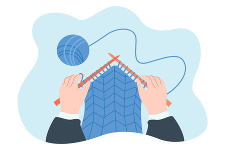 Hands holding needles flat vector illustration. Person knitting clothes, scarf, sweater, devoting time to hobby, developing skills. Knitted process, creativity, education conceptのイラスト素材