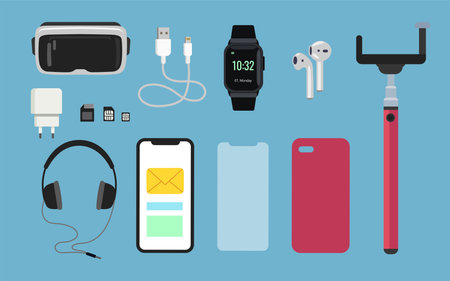 Mobile phone accessories cartoon illustration set. VR glasses 3D model, cellphones case, charger, battery, headphones, smart watch, memory card, selfie stick. Technology, smartphone conceptのイラスト素材