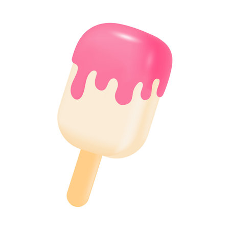 Pink and white ice cream on stick 3D icon. Three-dimensional frozen treat with sweet pink frosting vector illustration on white background. Summer, food or snacks, desserts conceptのイラスト素材