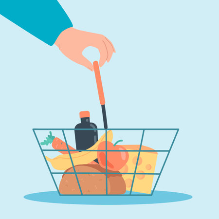 Hand holding basket with products flat vector illustration. Person buying bread, fruits, vegetables and cheese in supermarket. Grocery shopping, food, store conceptのイラスト素材