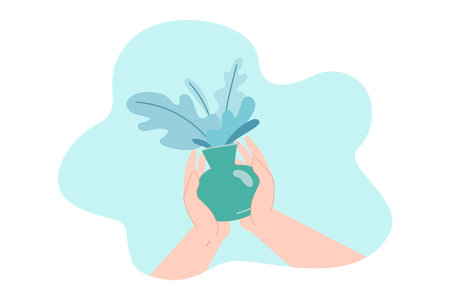 Hands holding vase with leaves flat vector illustration. Person holding vase with dry flowers on blue background. Botanical, nature, growth, bouquet, foliage, composition conceptのイラスト素材