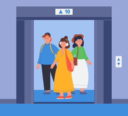 Young people inside lift with open door flat vector illustration. Women and man listening to music, smiling and waiting for elevator doors to close Transportation, society conceptのイラスト素材