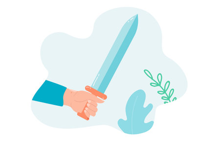 Sword in hands flat vector illustration. Person holding steel dagger on blue background, fighting or playing game. Military weapon, battle, warrior, fantasy conceptのイラスト素材