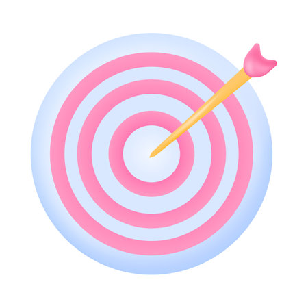 Arrow hitting bullseye or target 3D icon. Dart or arrow hitting center of pink and white target board or face 3D vector illustration on white background. Success, achievement, archery conceptのイラスト素材