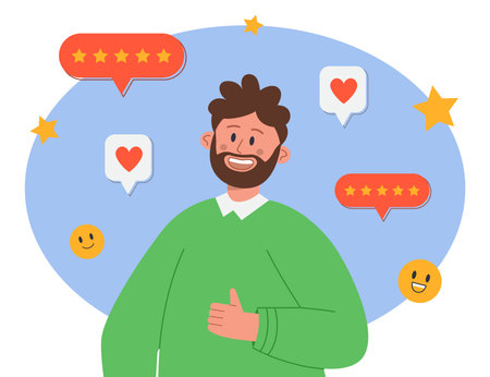 Social media user leaving positive feedback. Man or customer leaving good online review and recommendations, sharing experience flat vector illustration. Technology, business, commerce conceptのイラスト素材