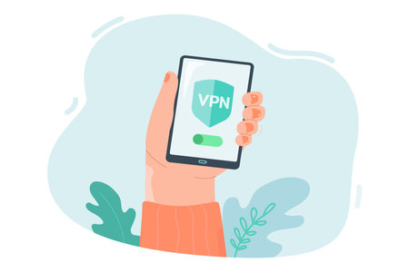 Female hand holding mobile phone with vpn app on screen. Person using virtual private network for secure internet connection flat vector illustration. Personal data protection conceptのイラスト素材