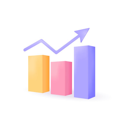 Upward growth of infographic financial graph arrow 3D icon. Purple, red and yellow stock market chart bars 3D vector illustration on white background. Trade, success, finance consulting conceptのイラスト素材