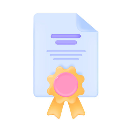 Three-dimensional blue sheet of paper with medal icon. Certificate or diploma with stamp and golden ribbons 3D vector illustration on white background. Success, achievement, graduation conceのイラスト素材