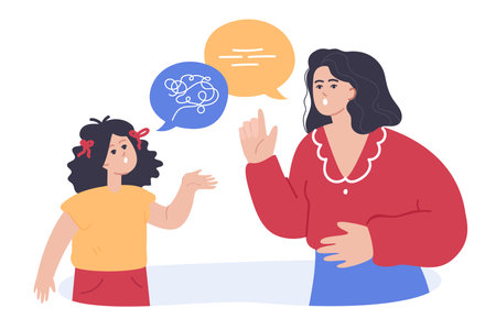 Child visiting narrative-speech pathologist. Little girl having session with speech-language therapist, working on basic language skills flat vector illustration. Articulation problem conceptのイラスト素材
