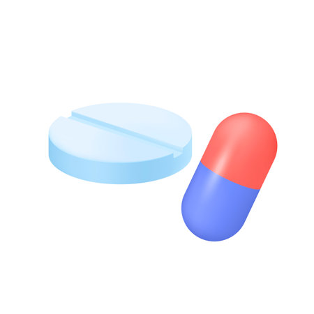Medical round pill and red blue capsule 3D icon. Pharmaceutical therapy, treatment of diseases with drugs and medicaments 3D vector illustration on white background. Prescription, pharmacy conceptのイラスト素材