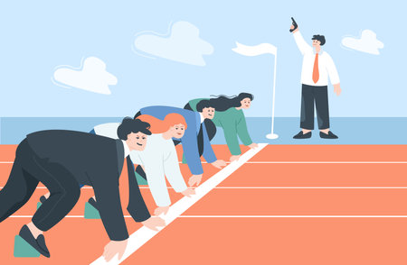 Office employees standing on ready line flat vector illustration. Business workers getting ready to run sprint, competing with each other. Career, competition, rivalry conceptのイラスト素材