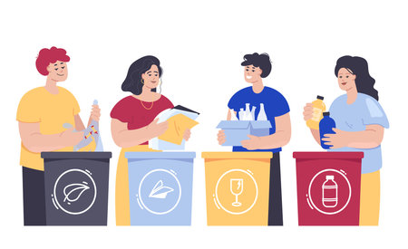 People sorting garbage flat vector illustration. Cute men and women putting trash, plastic and food waste into trashbin or dustbins, recycling rubbish or litter. Environment, protection conceptのイラスト素材