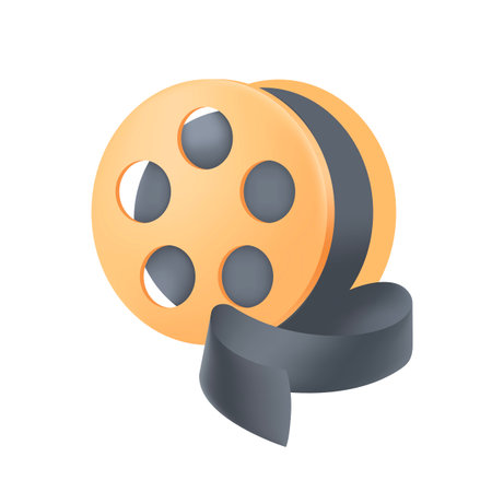 Film reel with yellow spool and black tape 3D icon. Old cinema roll with filmstrip for studio movie production 3D vector illustration on white background. Cinematography, entertainment conceptのイラスト素材