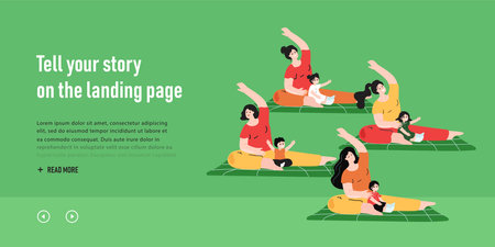 Yoga exercises of mothers with kids in gym. Group of happy young moms with children doing sport workout, gymnastics for health of body flat vector illustration. Family healthy activity conceptのイラスト素材
