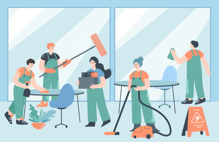 Team of cartoon janitors cleaning office. Professional cleaners making workplace clean flat vector illustration. Hygiene, cleaning service, job concept for banner, website design or landing web pageのイラスト素材