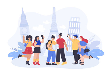 Tourists taking selfie and using map flat vector illustration. Happy men and women or couples taking photo on phone or camera in background of famous landmarks. Travel, tour, Europe, tourism conceptのイラスト素材