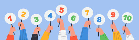 Hands holding round signs with points score. Jury assessing participants of competition or game, giving feedback, showing scorecards with grades flat vector illustration. Evaluation, contest conceptのイラスト素材