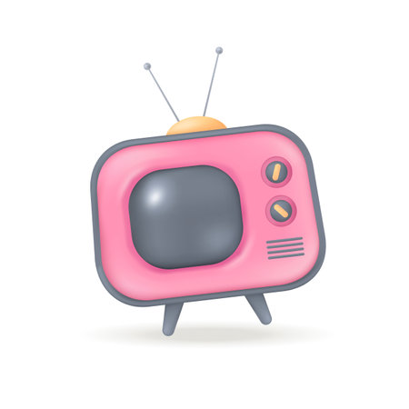 Retro pink home TV set with screen and antenna 3D icon. Vintage video receiver for watching old movie and show 3D vector illustration on white background. Television, entertainment, channel conceptのイラスト素材