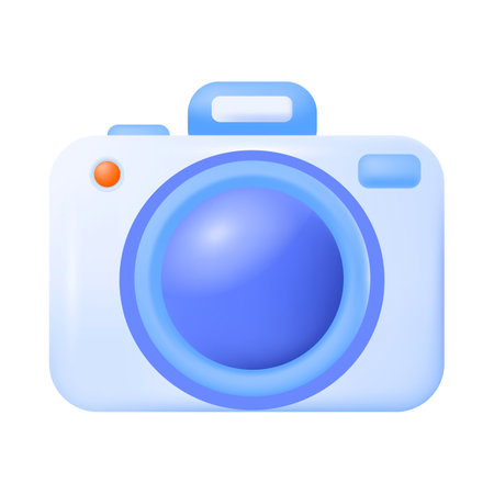 Blue three-dimensional camera icon. Device for taking photos or pictures 3D vector illustration on white background. Photography, social media, memory, technology conceptのイラスト素材