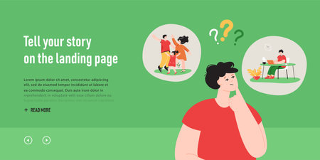 Person making difficult choice between family life or career. Flat vector illustration. Man concerning about parenthood and office work in business. Difficulty, family, work, life, decision conceptのイラスト素材