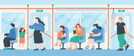Cartoon people sitting or standing in bus or subway. Persons inside metro train getting to destination flat vector illustration. Transportation, public transport concept for banner or landing web pageのイラスト素材