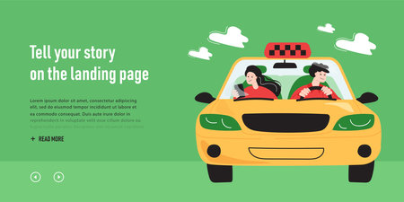 Taxi driver and female passenger driving in car on road. Cartoon characters behind windscreen, man and woman in vehicle cabin flat vector illustration. Taxi service or app concept for bannerのイラスト素材