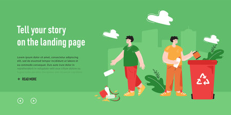 Two cartoon men throwing trash on ground or in recycle can. Person recycling plastic, male littering in street or park, urban background flat vector illustration. Ecology, environment conceptのイラスト素材