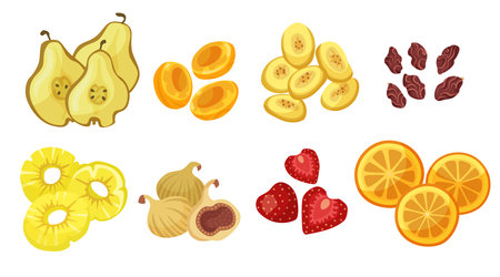 Various dried fruits cartoon illustration set. Dried fig, apricot, pear, pineapple, apple, orange, strawberry, raisin and prune isolated on white background. Tropical fruit, food conceptのイラスト素材