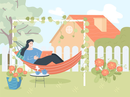 Girl lying in hammock with laptop flat vector illustration. Woman spending time in home garden or backyard, watching movie or reading book on laptop, drinking tea. Summer, relax conceptのイラスト素材