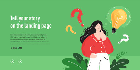 Cartoon businesswoman thinking of solving problem. Female character with lightbulb and question marks flat vector illustration. Solution, idea concept for banner, website design or landing pageのイラスト素材
