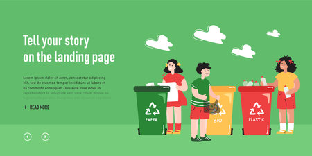 Children sorting garbage into recycle bins. Kids throwing trash into dustbins for paper, plastic and bio waste flat vector illustration. Recycling, ecology concept for banner or website designのイラスト素材