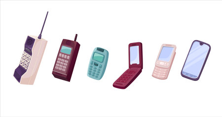 Cellphones evolution cartoon illustration set. Different mobile phones from old vintage models with antennas or push button telephones from smart devices with touchscreen. Communication tool conceptのイラスト素材