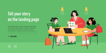 Teacher cartoon character showing picture to group of children. Woman sitting at table in circle with girls and boys holding tablets in classroom flat vector illustration. Education, school conceptのイラスト素材