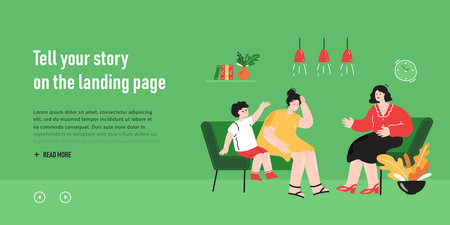 Cartoon mom and kid at family psychologist office. Adult and child sitting on sofa and getting help flat vector illustration. Psychology, therapy concept for banner, website design or landing pageのイラスト素材