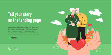 Hands holding happy tiny senior couple. Family reconciliation, support or medical help for parents and old people, adult patients flat vector illustration. Wellness, elderly care concept for bannerのイラスト素材