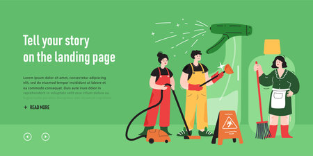 Team of tiny cartoon character in uniform with vacuum cleaners. Cleaning staff with equipment flat vector illustration. Cleaning service, hygiene concept for banner, website design or landing web pageのイラスト素材