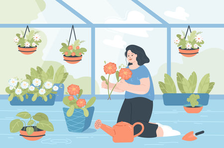 Girl caring for flowers in greenhouse flat vector illustration. Woman sitting on floor, watering plants growing in pots in glass conservatory, devoting time to hobby. Nature, garden conceptのイラスト素材