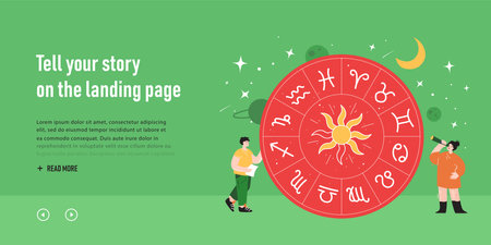Tiny cartoon characters with zodiac signs. Man checking horoscope, woman looking through spyglass at stars in sky flat vector illustration. Astrology, astronomy concept for banner, website designのイラスト素材