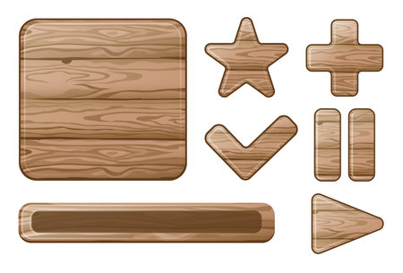 Wooden buttons of different shapes vector illustrations set. Play, stop, check, star buttons with wood texture, progress bar on white background. User interface concept for game, app or website designのイラスト素材