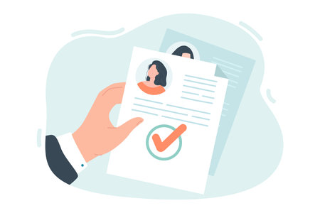 CV of best candidate in mans hands flat vector illustration. Company looking for employee. Headhunter hiring people. Human resource management, job interview conceptのイラスト素材