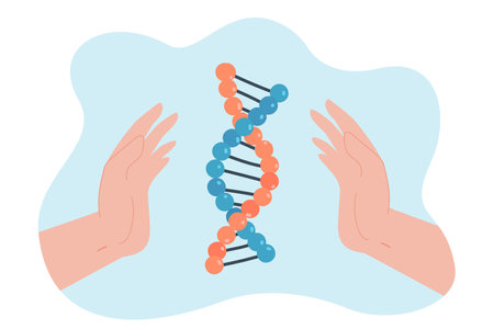 Hands holding DNA model flat vector illustration. Double spiral or macromolecule on blue background. Science, technology, laboratory, future, evolution, genome, microbiology conceptのイラスト素材