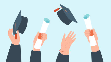 Graduation caps and diploma in peoples hands. Graduates throwing graduation hats in air, celebrating together flat vector illustration. Education, university, success, ceremony conceptのイラスト素材