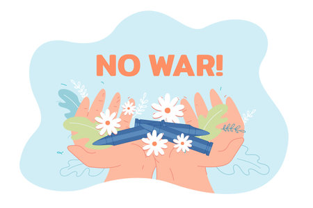 Human hands holding pile of gun bullets and flowers. Protest of person against war flat vector illustration. Peace, ammunition, antithesis concept for banner, website design or landing web pageのイラスト素材