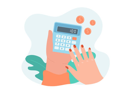 Calculator in female hands flat vector illustration. Woman counting money, planning budget, saving money. Finance, accounting, calculation, economy, investment conceptのイラスト素材