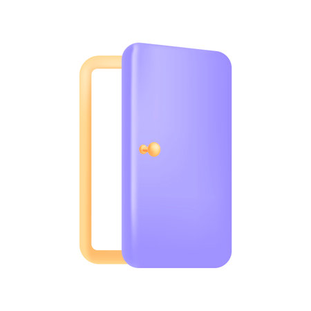 Open three-dimensional purple door icon. Opening or closing door as symbol of home, opportunity or future 3D vector illustration on white background. Challenge, goal, freedom conceptのイラスト素材