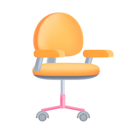 Orange office chair with wheels 3D icon. Comfortable modern chair for computer desk at home or workplace 3D vector illustration on white background. Furniture, job conceptのイラスト素材