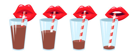 Delicate red lips drinking cocktail vector set. Cartoon illustrations of red lips drinking maroon cocktail from glass with stripped straw isolated on white background. Drink, beverage concept.のイラスト素材